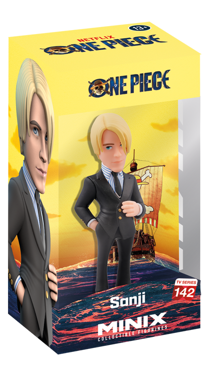 Sanji figure front view in black suit with yellow hair