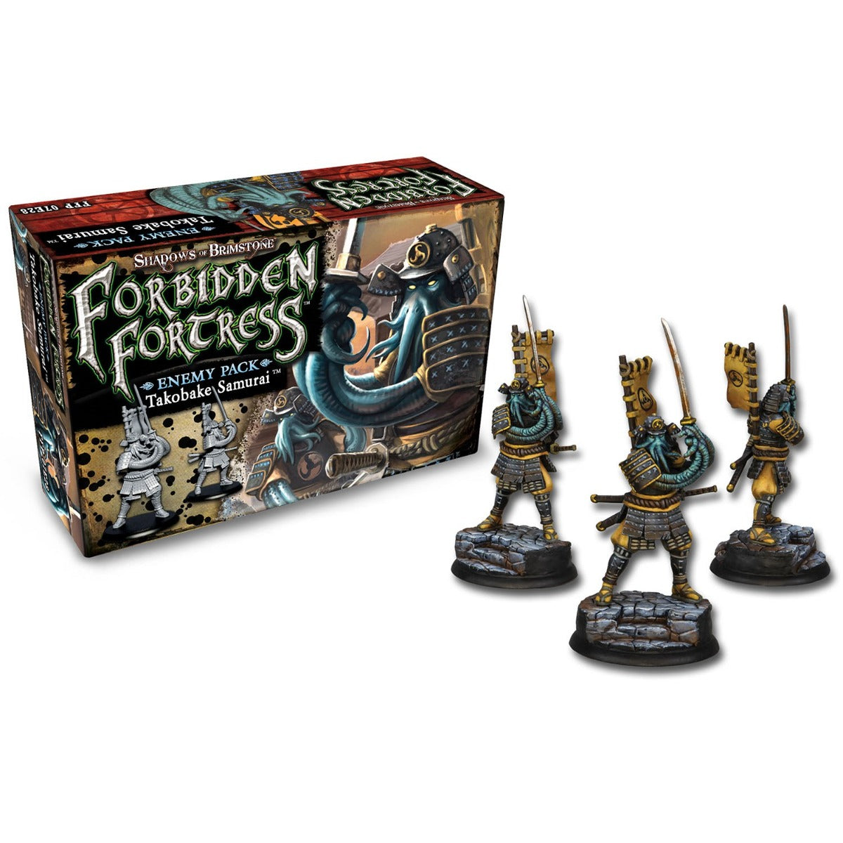 Forbidden Fortress: Takobake Samurai Enemy Pack box and three painted tentacled samurai miniatures wielding katanas