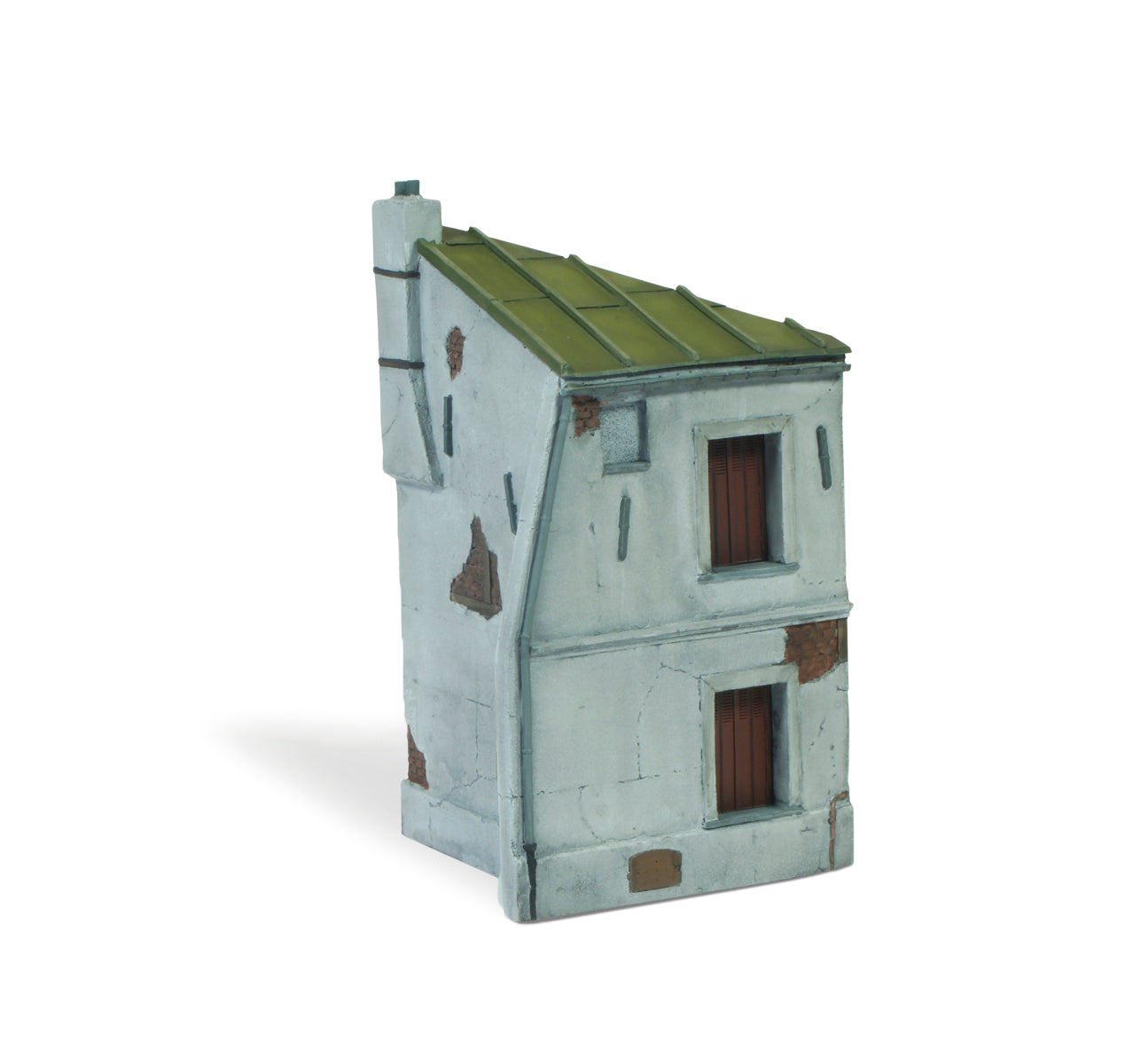 A detailed model of a distressed grey French House Corner with a green roof, brown window shutters, and exposed brick