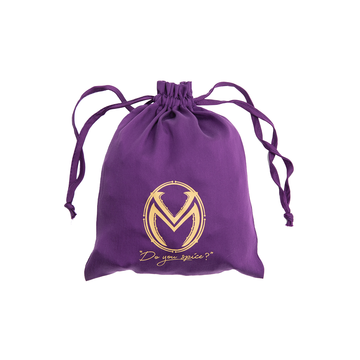 A purple fabric drawstring bag, cinched at the top, with a gold 'VM' logo and 'Do you spice?' text