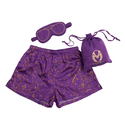 Purple Scanlan Shorthalt Boxers & Sleep Mask Set with gold accents: paisley shorts, aviator mask, and logo pouch
