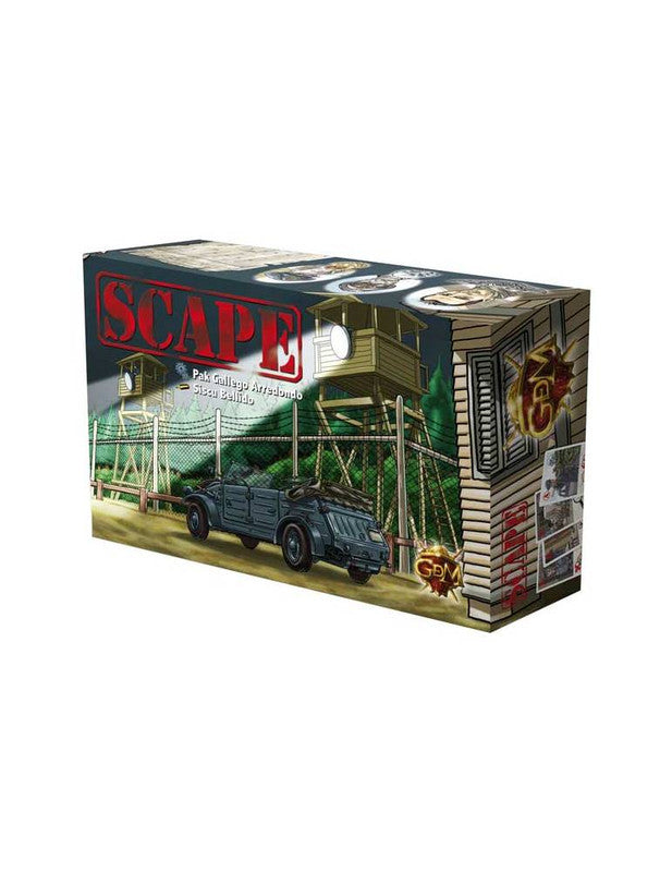 Board game box with SCAPE in large red letters showing a dark gray vehicle near guard towers and a fence
