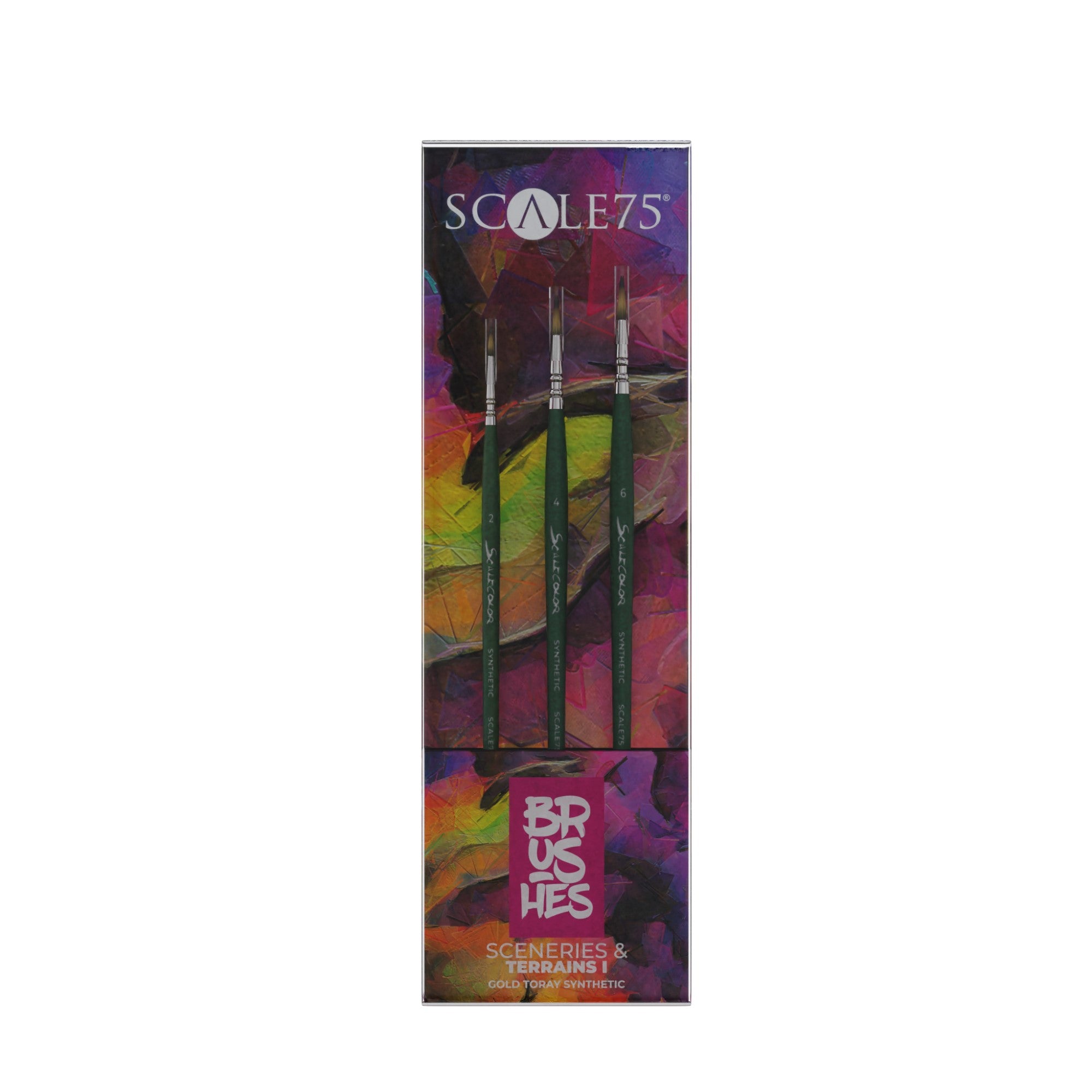 Scale75 Sceneries & Terrains I brush set: three green-handled synthetic paintbrushes (sizes 2, 4, 6) in a colourful package.