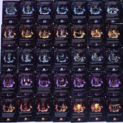 A grid of dark-themed game cards, each with unique illustrations, titles, and descriptive text.