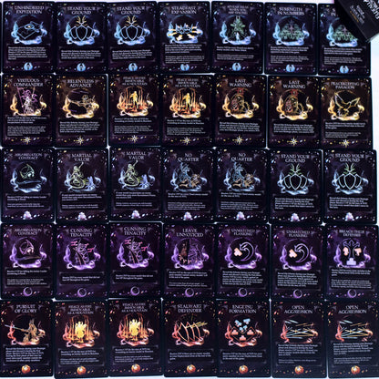 A grid of numerous dark-themed game cards with white titles, diverse illustrations, and text, laid out on a white surface.