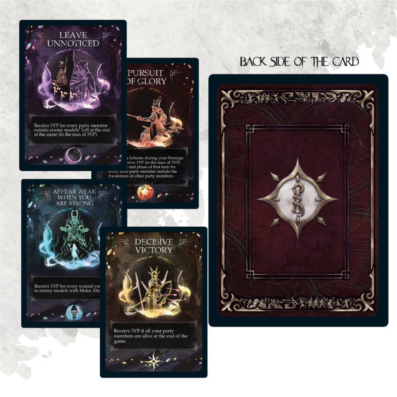 Five fantasy game cards: four face-up with distinct artwork (stealth, warrior, ethereal) and one ornate card back.