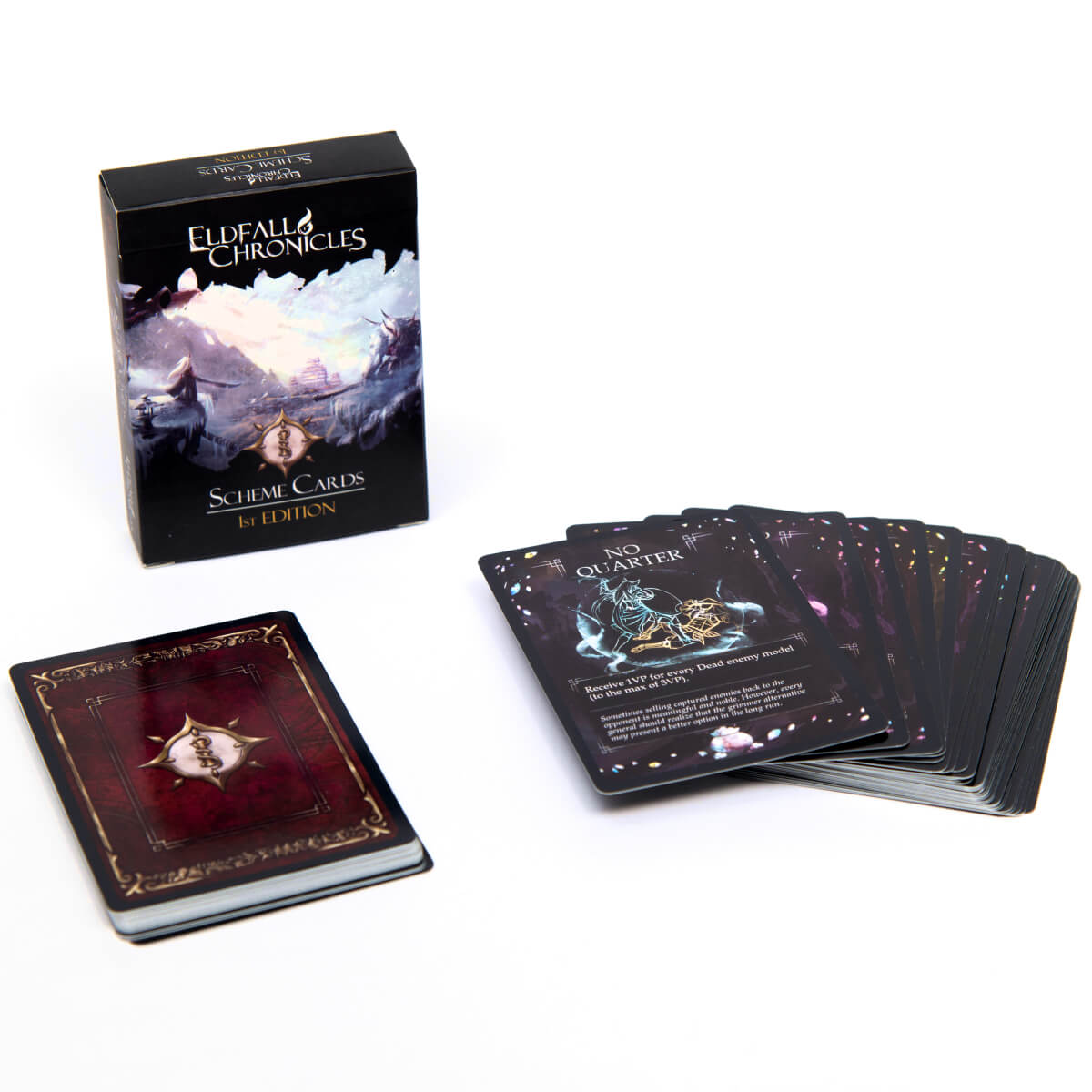 Eldfall Chronicles Scheme Cards: a black box, a face-down stack, and fanned-out cards with "No Quarter" visible.