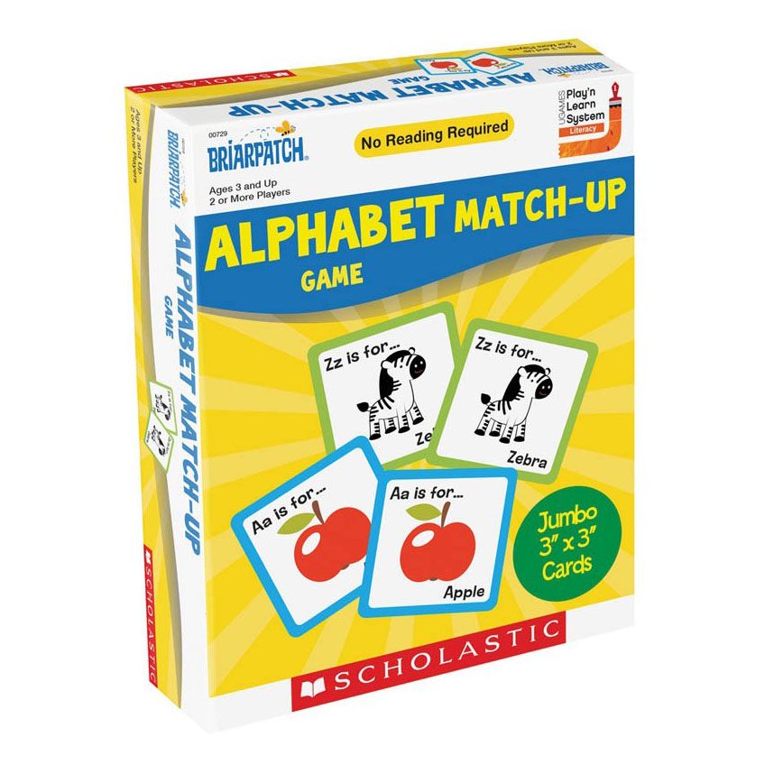 Scholastic Briarpatch Alphabet Match-Up Game box featuring cards with an apple and a zebra illustration
