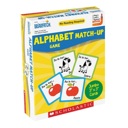 Scholastic Briarpatch Alphabet Match-Up Game box featuring cards with an apple and a zebra illustration