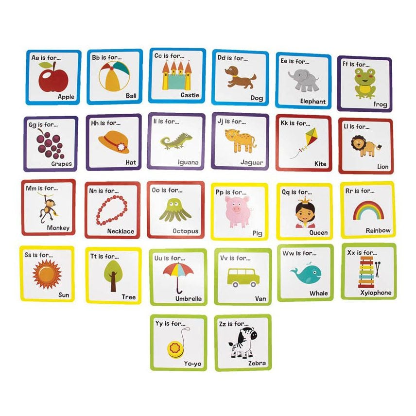 Educational alphabet flashcards (A-Z) showing illustrations for Apple, Ball, Castle, and Zebra