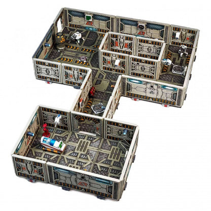 Detailed sci-fi modular terrain setup for wargames, showing metallic walls, corridors, and futuristic equipment