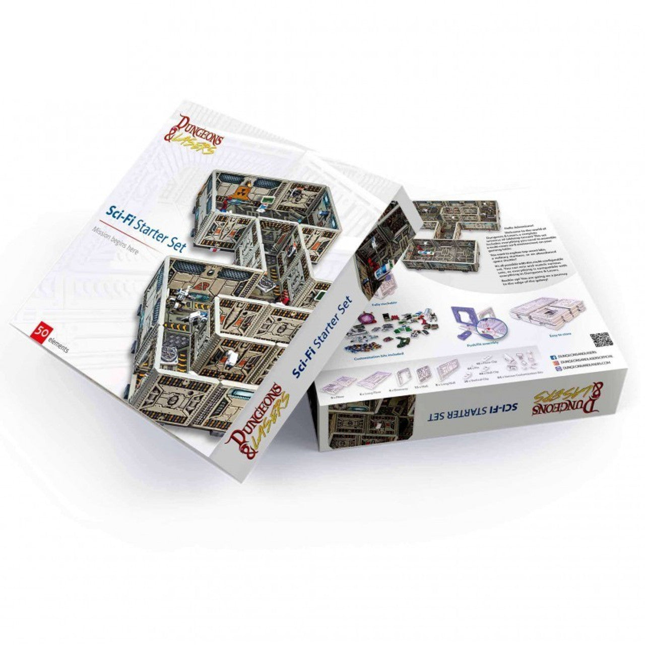 Dungeons & Lasers Sci-Fi Starter Set box, open and displaying modular 3D terrain artwork