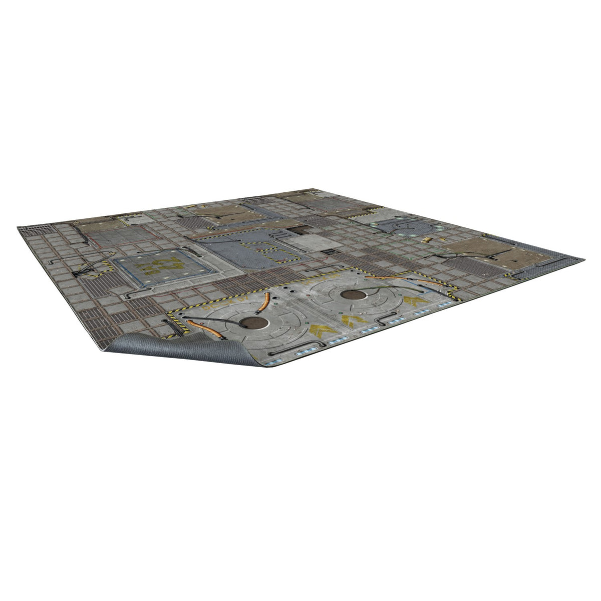 A textured square game mat featuring a sci-fi industrial floor with grates, metal plates, pipes, and hazard stripes. One corner curls up.