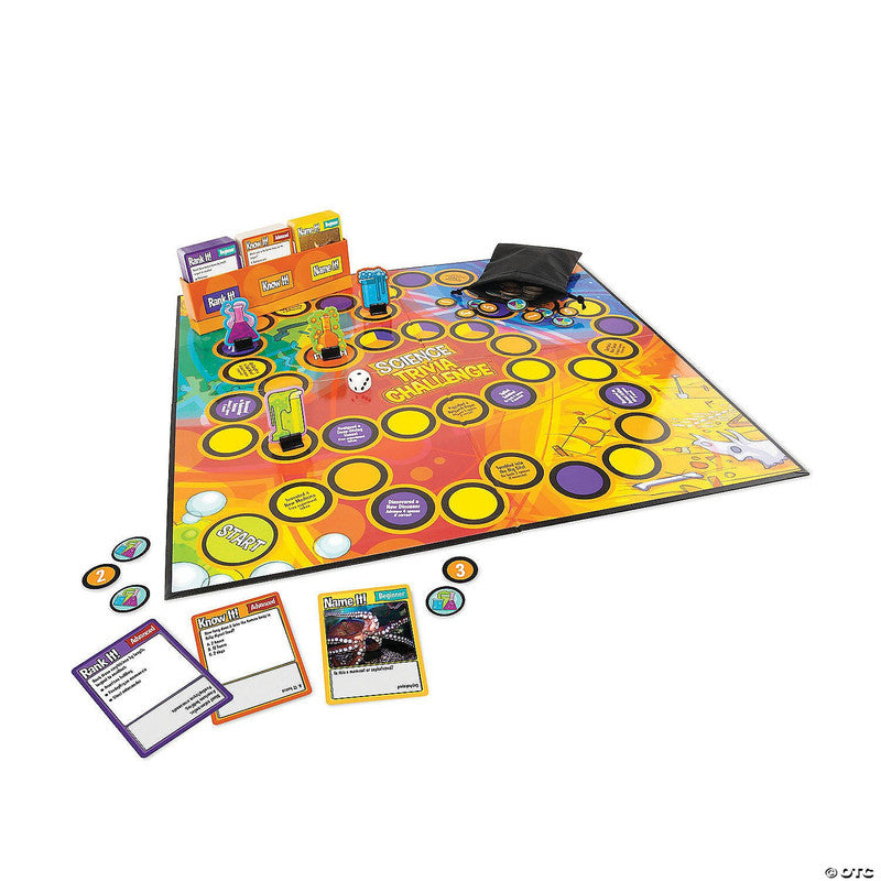MindWare Science Trivia Challenge board game set with cards, tokens, dice, and card holder