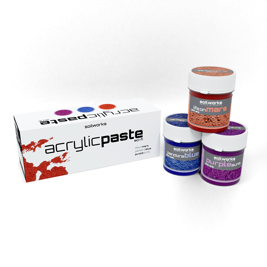 Soilworks acrylic paste box next to three stacked jars: red 'life on mars,' blue 'pandora blue,' and purple 'purple suns.'
