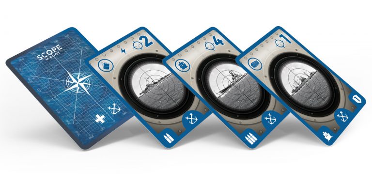 Close-up photo of Scope: U-Boot game cards showing different action commands and illustrations