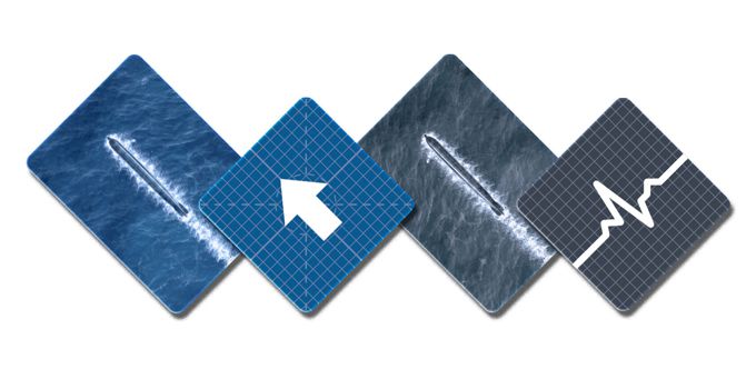 Detailed image of Scope: U-Boot game markers and tokens arranged on a flat blue surface