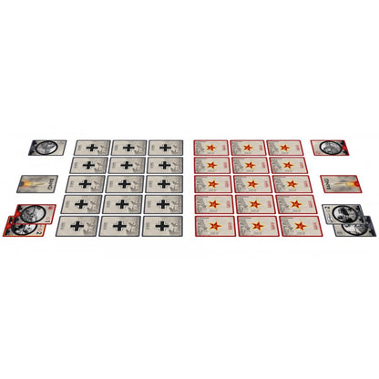 A card game setup showing German Iron Cross and Soviet Red Star cards, plus "BANG!" and scope action cards