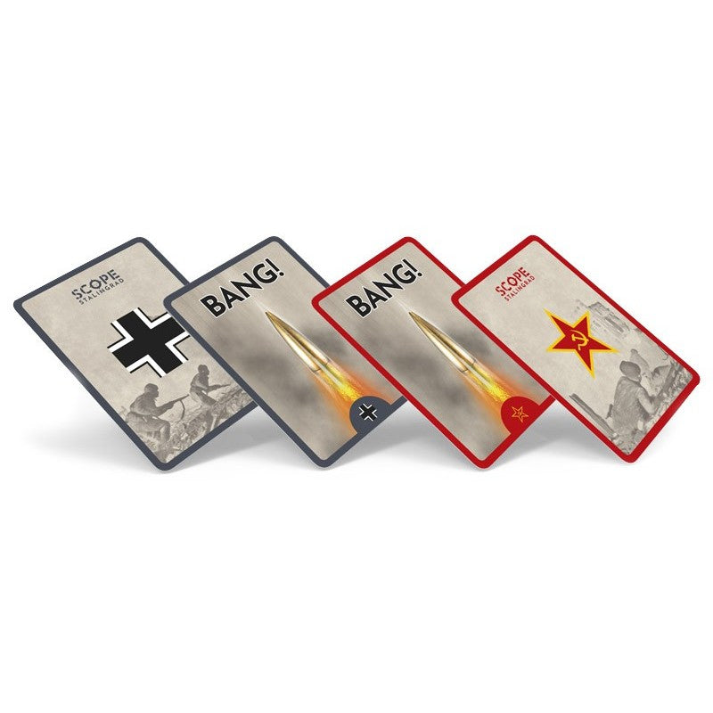 Four war-themed &quot;SCOPE STALINGRAD&quot; game cards, featuring soldiers and &quot;BANG!&quot; bullets with German and Soviet symbols