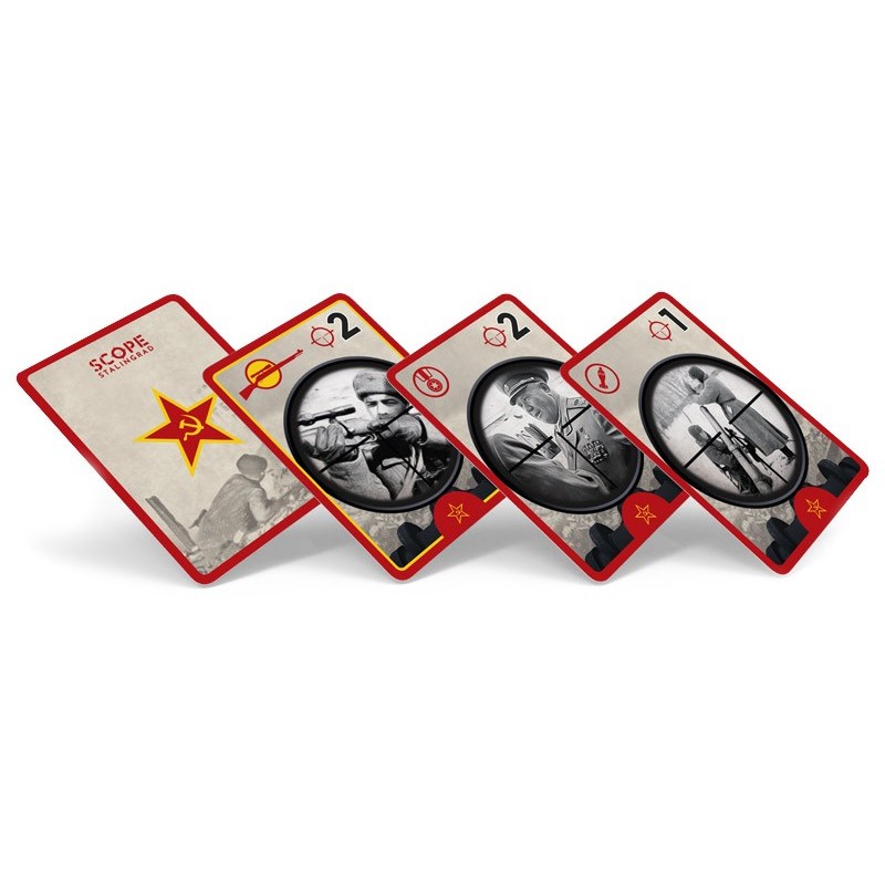 Four red-bordered &quot;Scope Stalingrad&quot; card game, one card features a Soviet star; others show WWII soldiers in sniper scopes