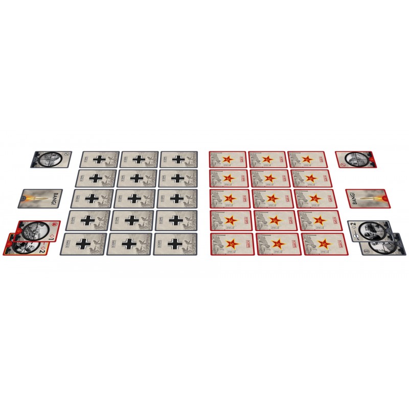 A card game setup showing German Iron Cross and Soviet Red Star cards, plus &quot;BANG!&quot; and scope action cards
