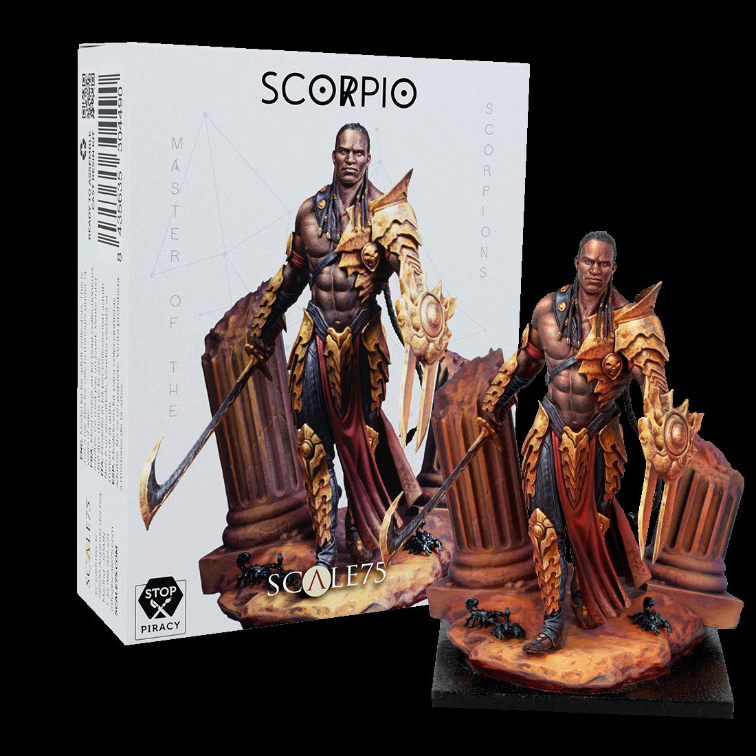 A gold-armored warrior miniature holding a curved sword, standing on a ruined base with scorpions, next to its 'SCORPIO' model kit box.