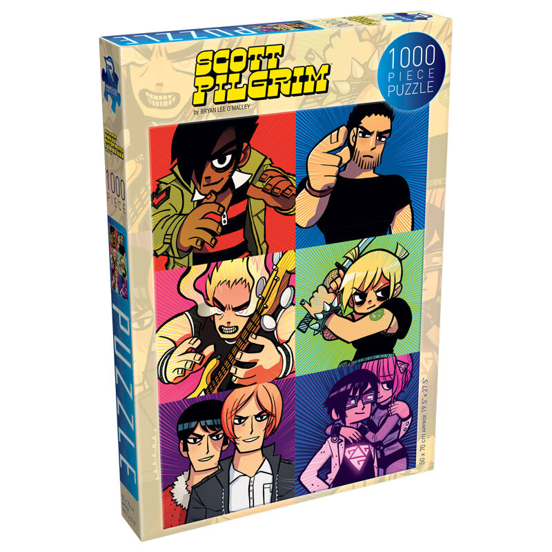 Scott Pilgrim 1000-piece puzzle box shows six comic panels of characters, including Scott, Ramona with a sword, and a bassist