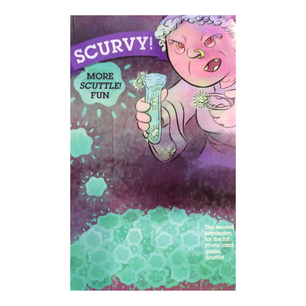 Scurvy! expansion cover art shows a grumpy character with glowing green spots holding a test tube, surrounded by green shapes, for a pirate card game