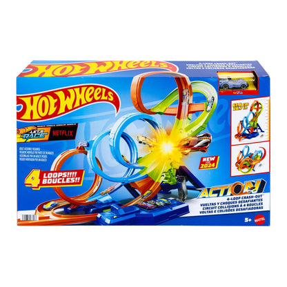 Hot Wheels "4-Loop Crash-Out" track set box. Cars race and collide on a multi-color track with four loops