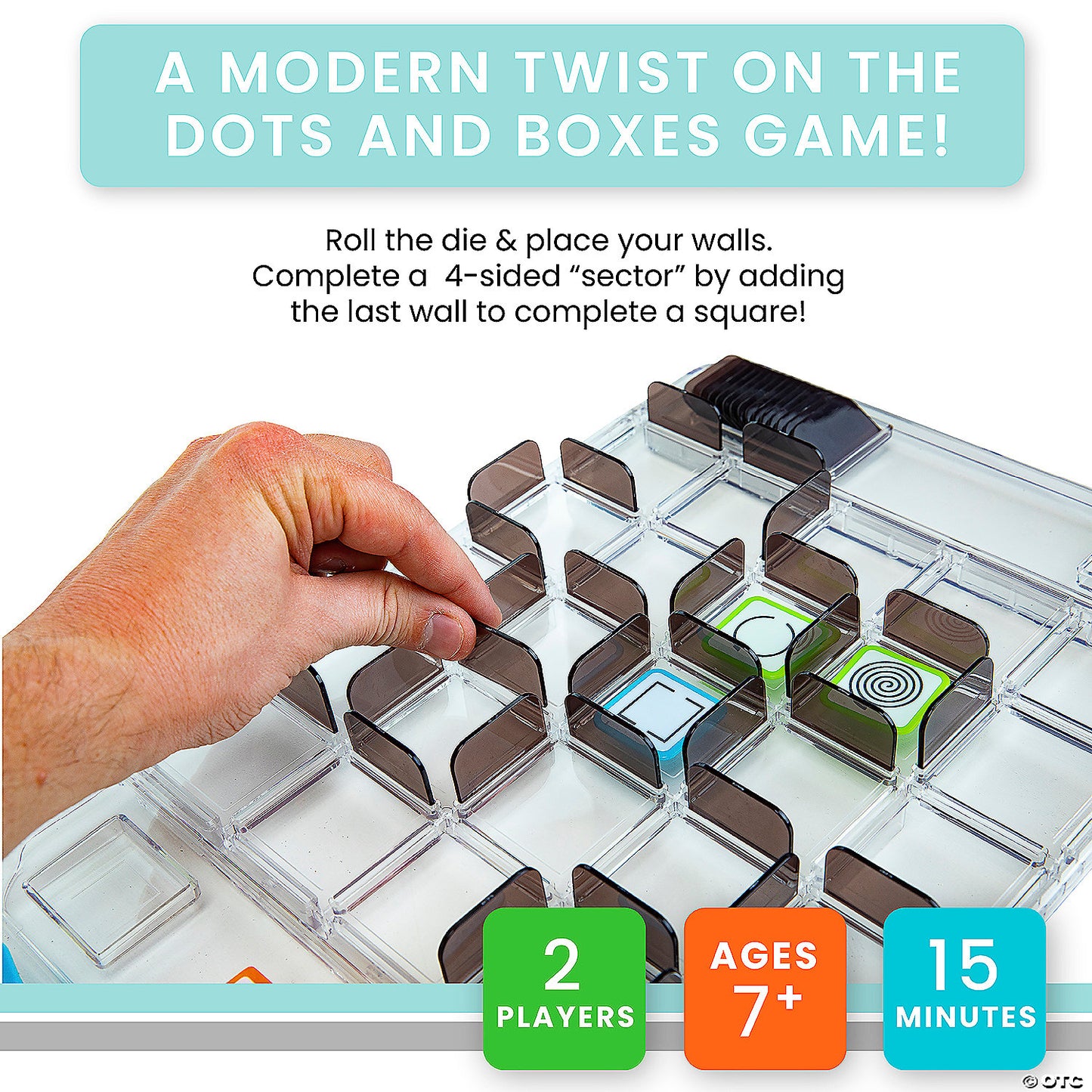 Clear plastic game board for Dots and Boxes game with brown wall pieces and colored square markers