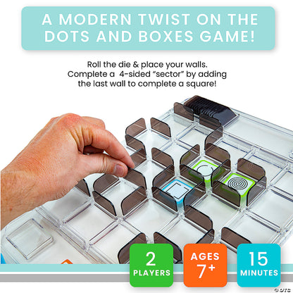 Clear plastic game board for Dots and Boxes game with brown wall pieces and colored square markers