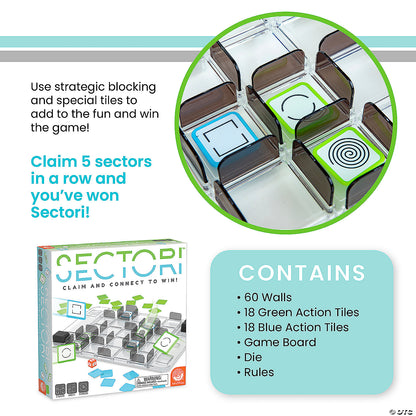 Sectori board game with clear tiles and colored action tiles promising fun and strategic wins