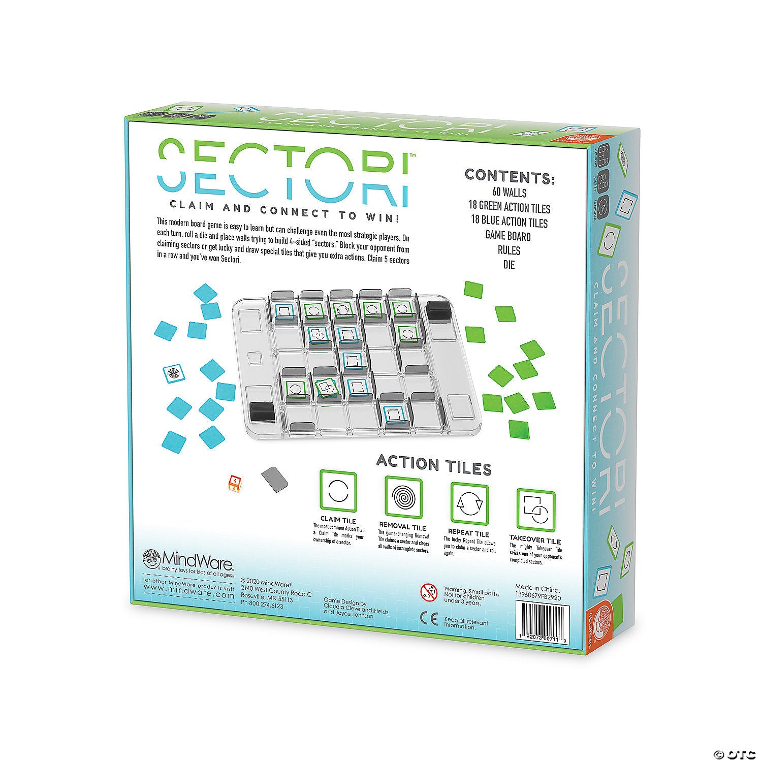 Box for the board game Sectori Claim and Connect to Win showing game contents and action tile descriptions