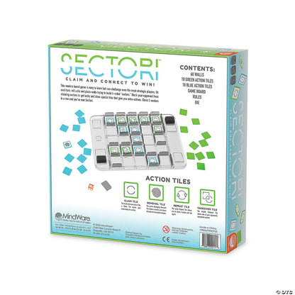 Box for the board game Sectori Claim and Connect to Win showing game contents and action tile descriptions