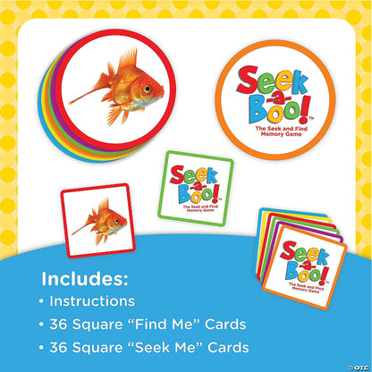 Seek-a-Boo! memory game displayed with round goldfish and logo cards, and a stack of colorful square cards