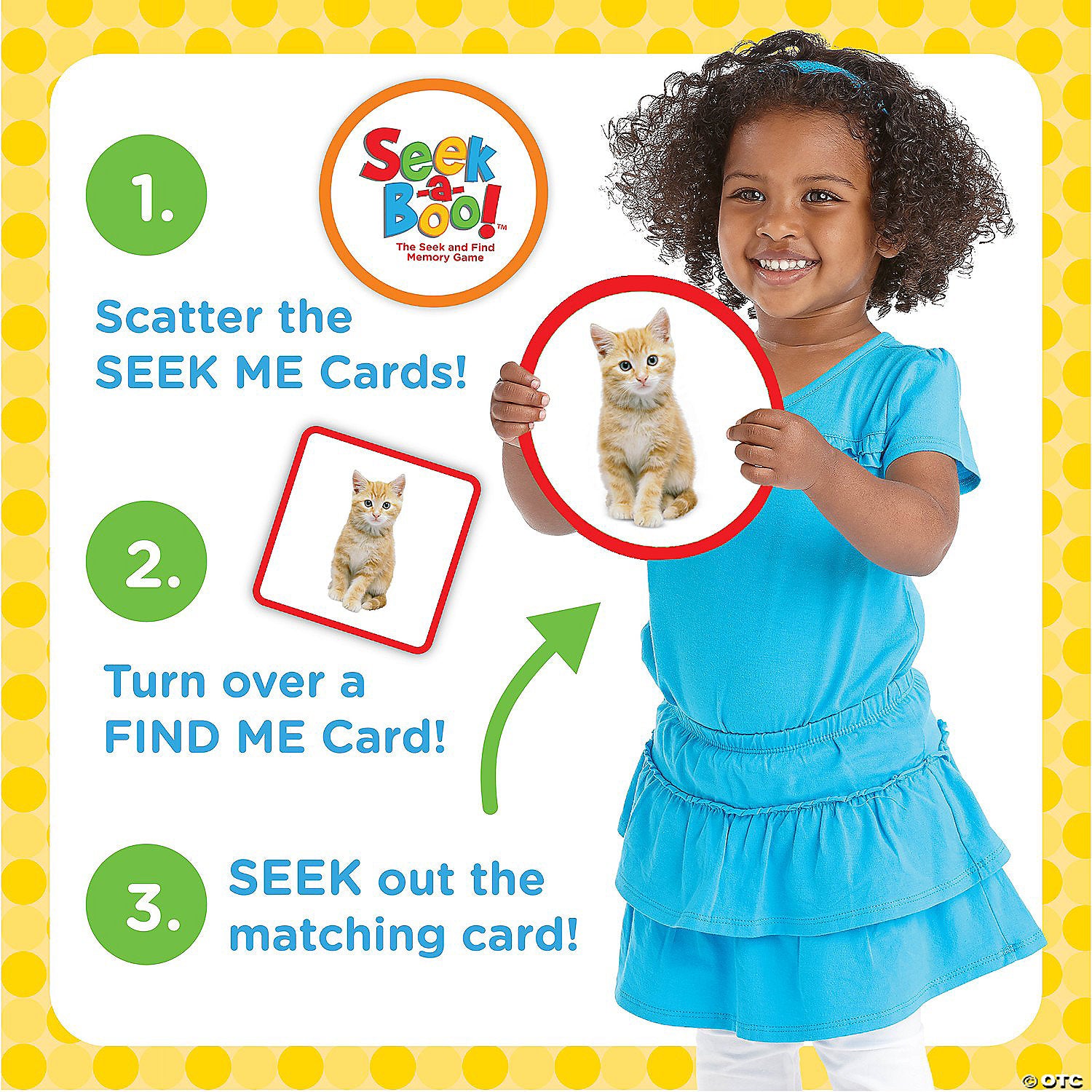 A smiling girl demonstrates the "Seek-a-Boo!" memory game, holding a kitten card. Game steps and other cards are visible