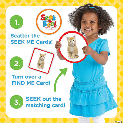 A smiling girl demonstrates the "Seek-a-Boo!" memory game, holding a kitten card. Game steps and other cards are visible
