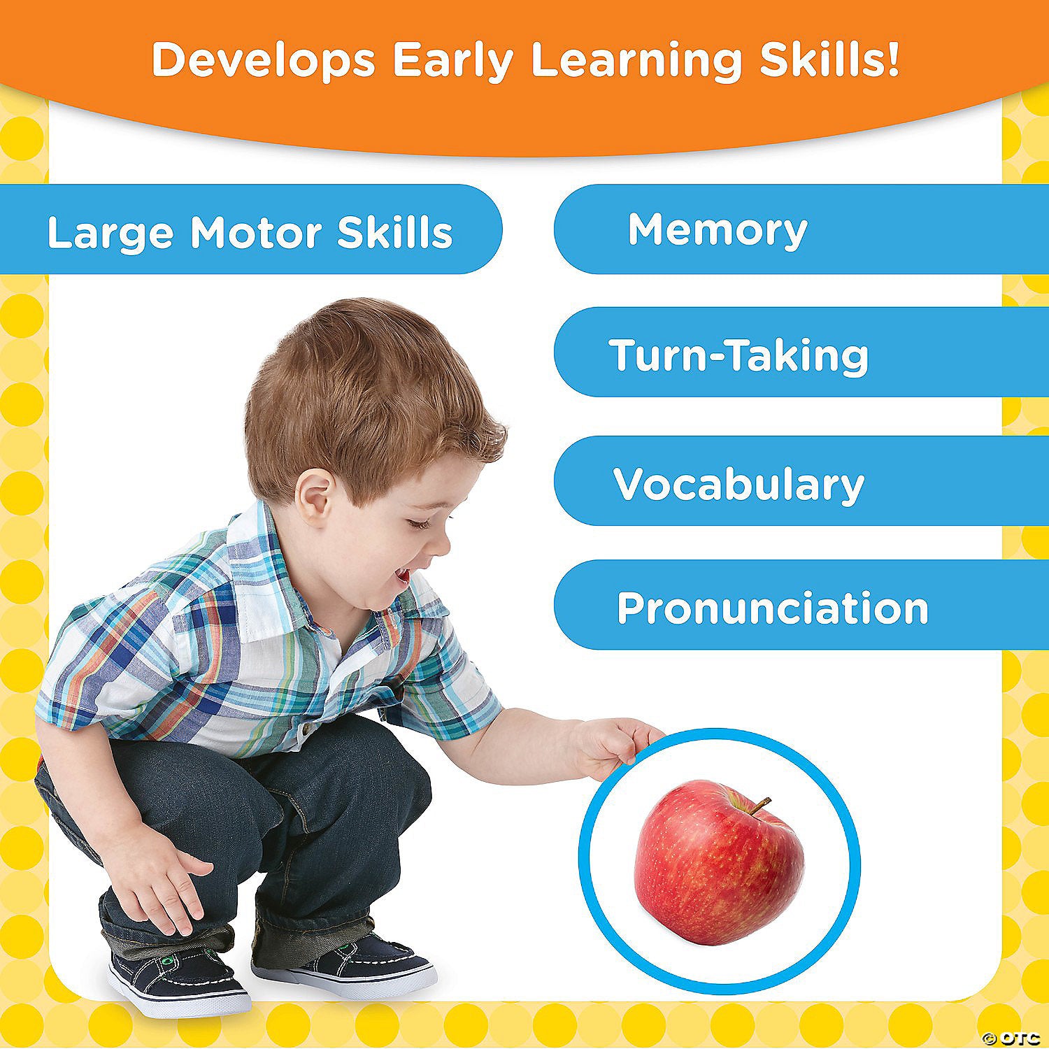 Toddler squats, reaching toward a red apple. The image promotes early learning skills like motor skills and vocabulary