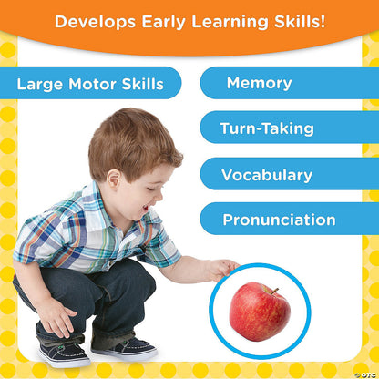 Toddler squats, reaching toward a red apple. The image promotes early learning skills like motor skills and vocabulary