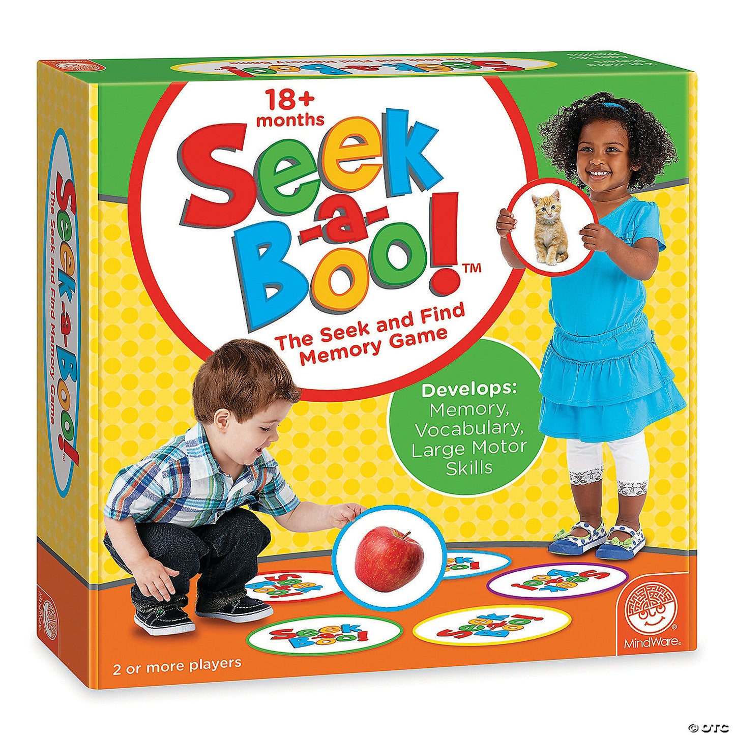 Seek-a-Boo! memory game box shows a boy reaching for an apple piece, and a girl holding a kitten piece