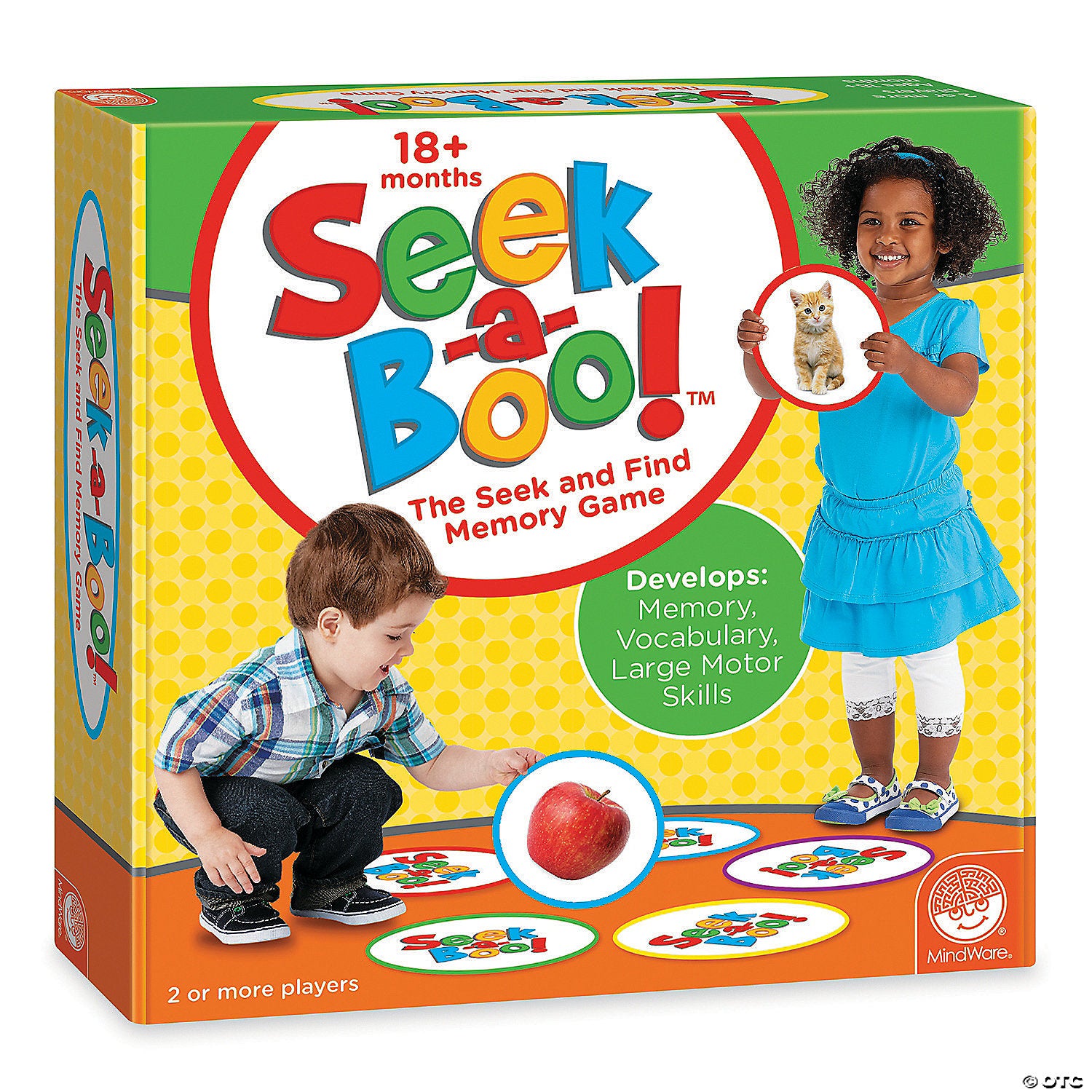 Seek-a-Boo! memory game box shows a boy reaching for an apple piece, and a girl holding a kitten piece