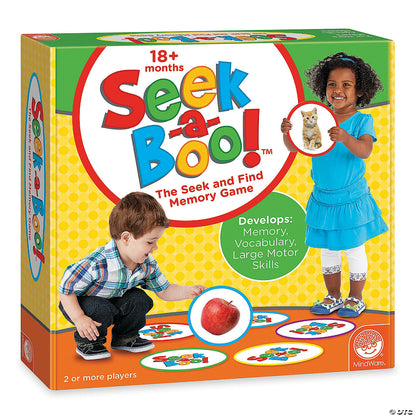 Seek-a-Boo! memory game box shows a boy reaching for an apple piece, and a girl holding a kitten piece