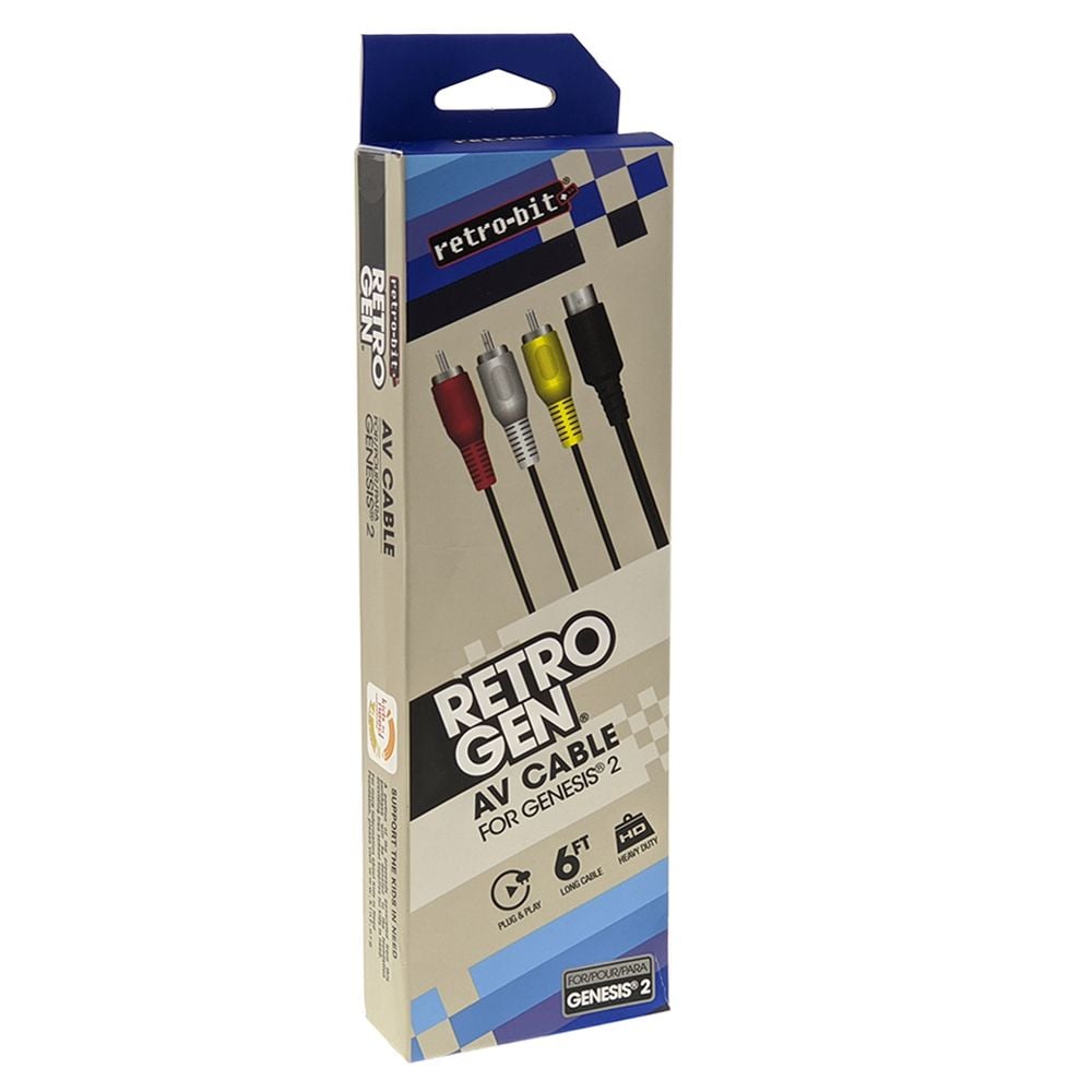 Retro-bit Retro Gen AV Cable for Genesis 2 in box, showing red, white, yellow RCA plugs