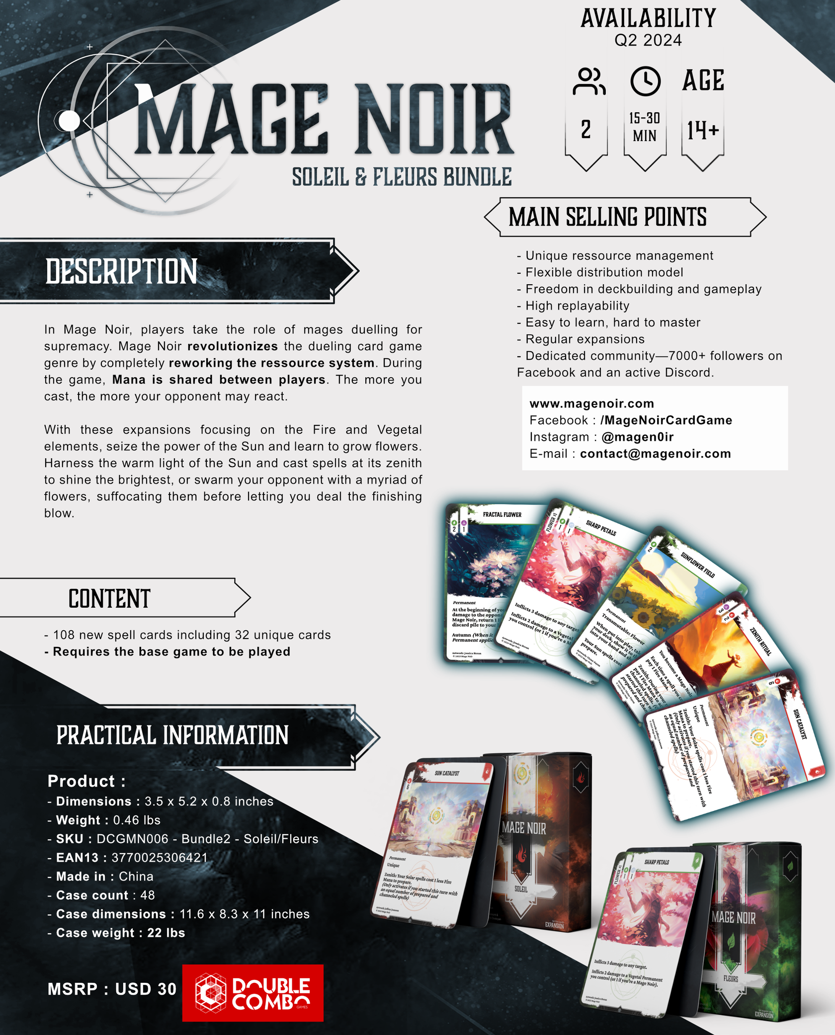 Mage Noir card game bundle featuring Soleil and Fleurs expansions with player and time details