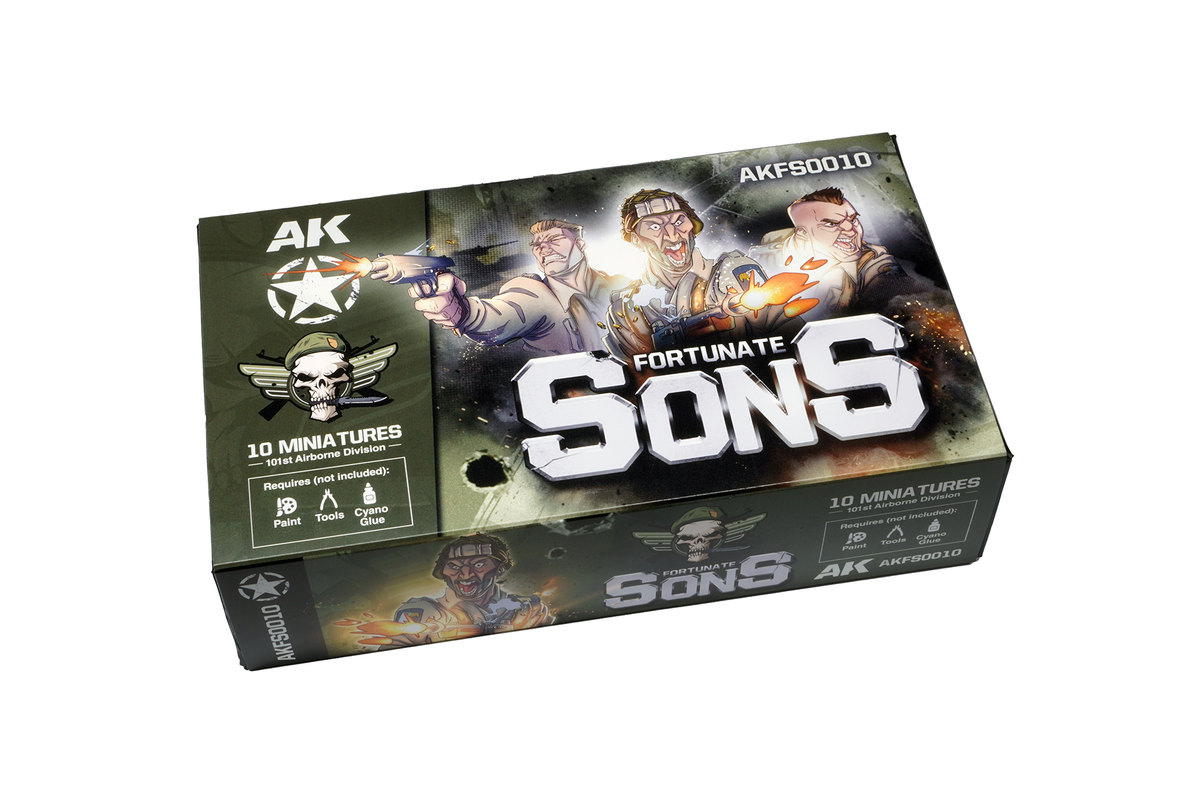 AK Fortunate Sons miniature game box, showing firing soldiers and a skull emblem