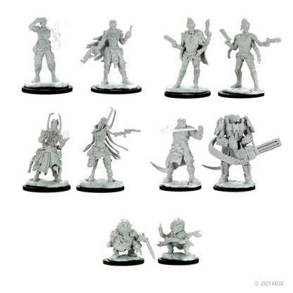 Collection of 15 unpainted Grey sci-fi/fantasy miniatures, featuring diverse characters and weaponry