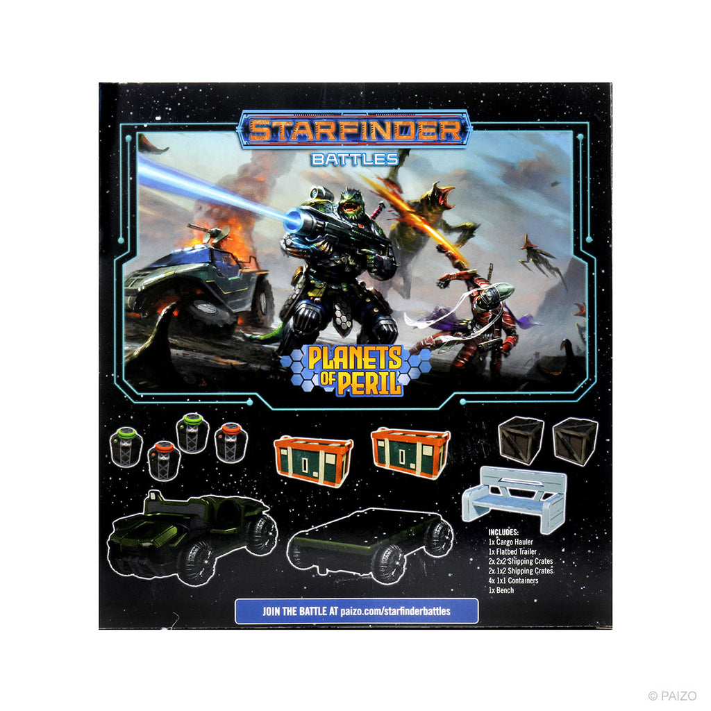 Starfinder Battles: Planets of Peril Docking Bay box. Sci-fi soldier fires a laser in battle scene; miniatures of vehicles, crates, and a bench below