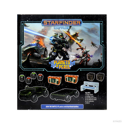Starfinder Battles: Planets of Peril Docking Bay box. Sci-fi soldier fires a laser in battle scene; miniatures of vehicles, crates, and a bench below