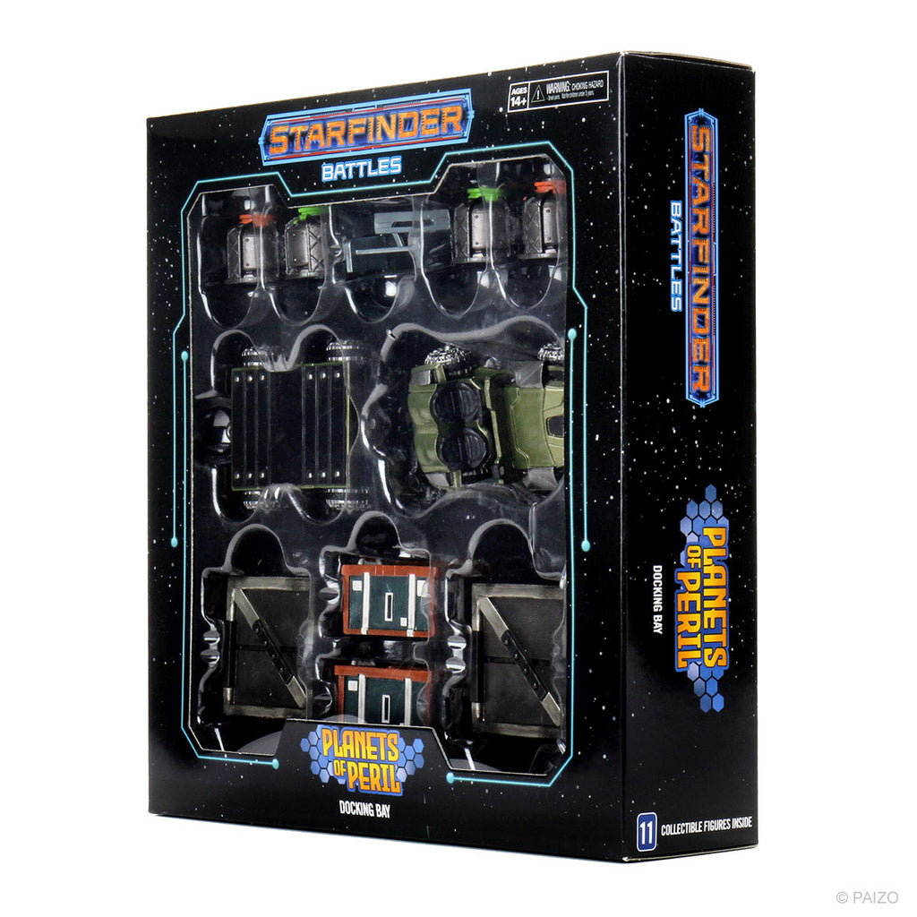 A black box for "Starfinder Battles: Planets of Peril Docking Bay" showing 11 sci-fi miniatures and terrain through a clear window