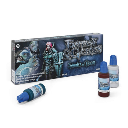 A Scale 75 Fantasy Colours Shades of Doom Paint Set box displays fantasy art, '8 acrylic paints, 17 ml', next to three individual colorful paint bottles